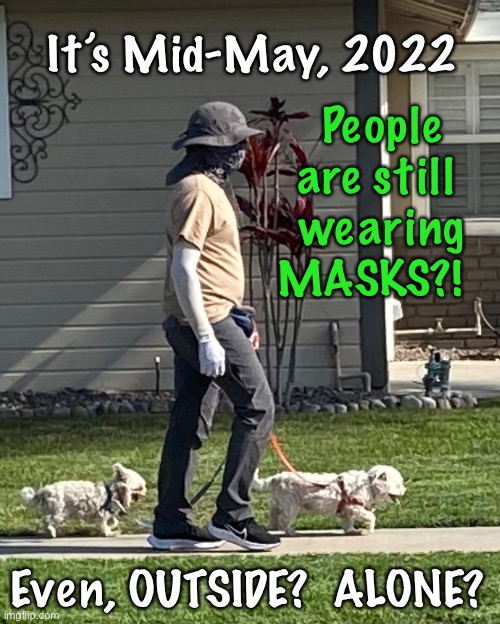 Come ON!   Don’t you people READ?   Dumb, and Fearful is no way to go through life. | People are still 
wearing MASKS?! It’s Mid-May, 2022; Even, OUTSIDE?  ALONE? | image tagged in memes,i bet he them she they is dumbocrat,you have a billboard on your face saying dummy,dummies keep this madness from ending | made w/ Imgflip meme maker