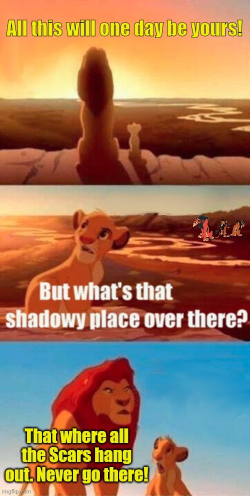 It's time to stop | All this will one day be yours! That where all the Scars hang out. Never go there! | image tagged in memes,simba shadowy place,oh no,oh no anyway,too many,scars | made w/ Imgflip meme maker