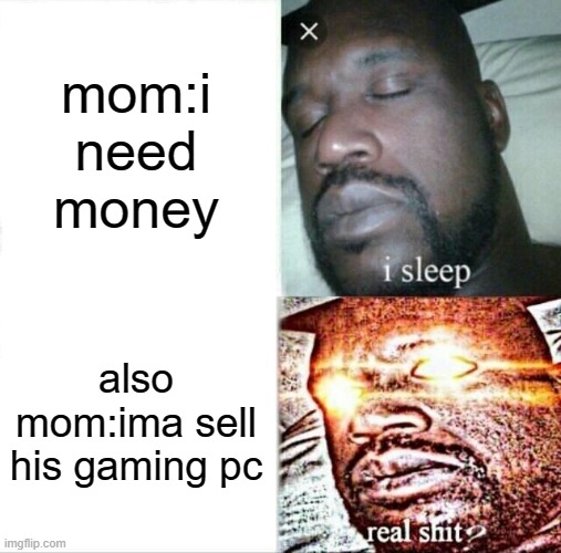 sleep | mom:i need money; also mom:ima sell his gaming pc | image tagged in memes,sleeping shaq | made w/ Imgflip meme maker