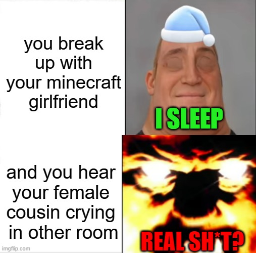 mr incredible I SLEEP REAL SH*T be like |  you break up with your minecraft girlfriend; I SLEEP; and you hear your female cousin crying  in other room; REAL SH*T? | image tagged in sleeping shaq | made w/ Imgflip meme maker
