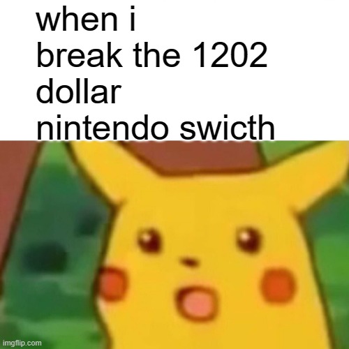 oh god plz help | when i break the 1202 dollar nintendo swicth | image tagged in memes,surprised pikachu | made w/ Imgflip meme maker