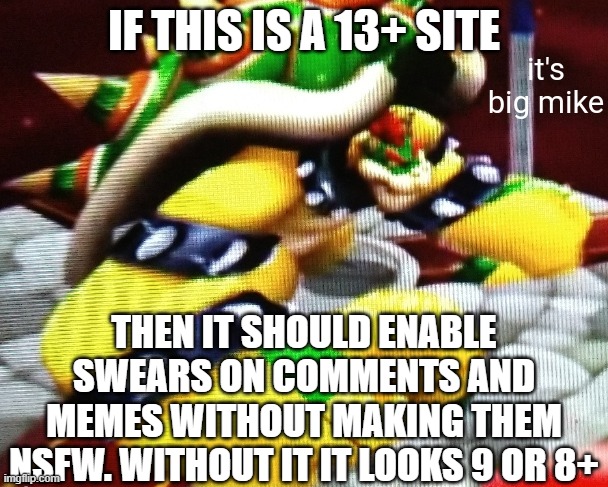 Seriously, what is up with that? It's 13+! | IF THIS IS A 13+ SITE; THEN IT SHOULD ENABLE SWEARS ON COMMENTS AND MEMES WITHOUT MAKING THEM NSFW. WITHOUT IT IT LOOKS 9 OR 8+ | image tagged in big mike | made w/ Imgflip meme maker