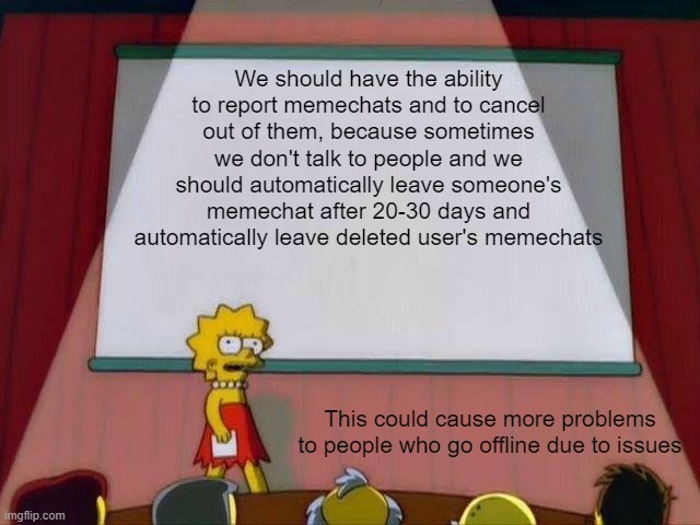 Example of issues: Wifi and Phone issues. Why doesn't imgflip run on phone propely? | We should have the ability to report memechats and to cancel out of them, because sometimes we don't talk to people and we should automatically leave someone's memechat after 20-30 days and automatically leave deleted user's memechats; This could cause more problems to people who go offline due to issues | image tagged in lisa simpson's presentation | made w/ Imgflip meme maker