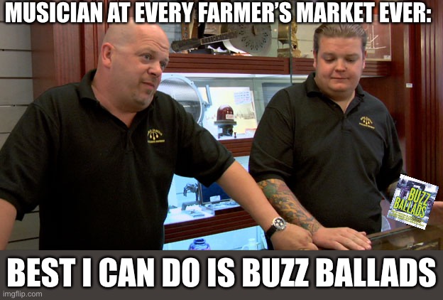 I ain’t even mad |  MUSICIAN AT EVERY FARMER’S MARKET EVER:; BEST I CAN DO IS BUZZ BALLADS | image tagged in pawn stars best i can do,buzz ballads,farmers market,live music | made w/ Imgflip meme maker