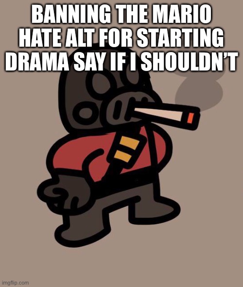 Pyro smokes a fat blunt | BANNING THE MARIO HATE ALT FOR STARTING DRAMA SAY IF I SHOULDN’T | image tagged in pyro smokes a fat blunt | made w/ Imgflip meme maker