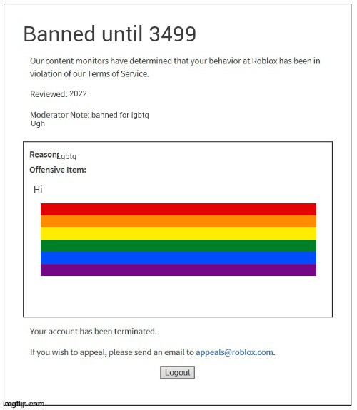 fuck u roblox | Banned until 3499; 2022; banned for lgbtq; Ugh; Lgbtq; Hi | image tagged in moderation system | made w/ Imgflip meme maker