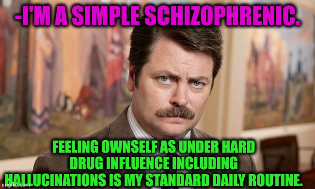-No lesser sense. | -I'M A SIMPLE SCHIZOPHRENIC. FEELING OWNSELF AS UNDER HARD DRUG INFLUENCE INCLUDING HALLUCINATIONS IS MY STANDARD DAILY ROUTINE. | image tagged in i'm a simple man,don't do drugs,hard to swallow pills,mental illness,ron swanson,double standard | made w/ Imgflip meme maker