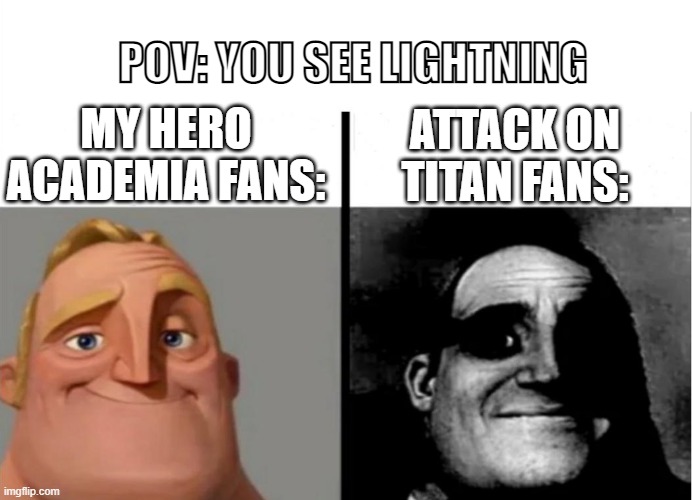 Clever title | POV: YOU SEE LIGHTNING; ATTACK ON TITAN FANS:; MY HERO ACADEMIA FANS: | image tagged in teacher's copy,mr incredible becoming uncanny,attack on titan,why are you reading this,why are you reading the tags | made w/ Imgflip meme maker