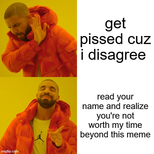 Drake Hotline Bling Meme | get pissed cuz i disagree read your name and realize you're not worth my time beyond this meme | image tagged in memes,drake hotline bling | made w/ Imgflip meme maker