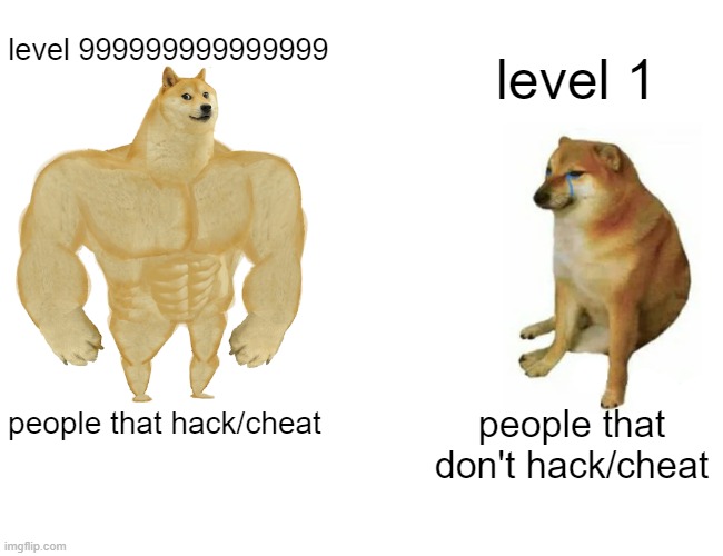Buff Doge vs. Cheems | level 999999999999999; level 1; people that don't hack/cheat; people that hack/cheat | image tagged in memes,buff doge vs cheems | made w/ Imgflip meme maker