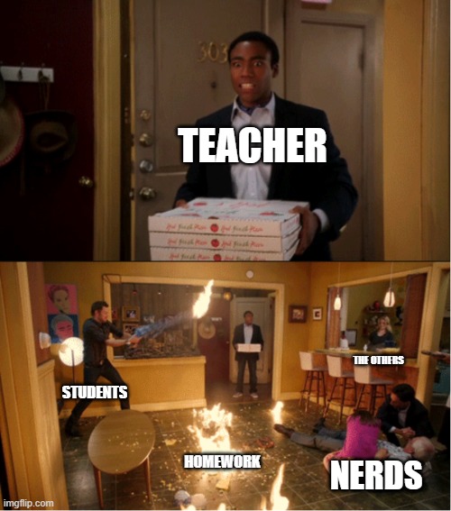 Community Fire Pizza Meme | TEACHER; THE OTHERS; STUDENTS; HOMEWORK; NERDS | image tagged in community fire pizza meme | made w/ Imgflip meme maker