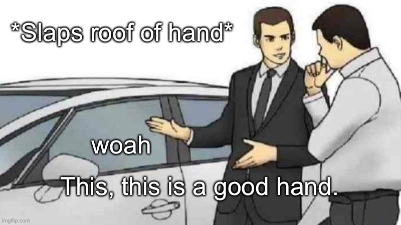 Title | *Slaps roof of hand*; woah; This, this is a good hand. | image tagged in memes,car salesman slaps roof of car | made w/ Imgflip meme maker