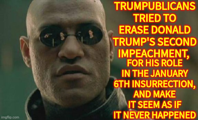 Congressional Trumpublicans Literally Voted For An Alternative Reality | TRUMPUBLICANS TRIED TO ERASE DONALD TRUMP'S SECOND IMPEACHMENT, FOR HIS ROLE IN THE JANUARY 6TH INSURRECTION, AND MAKE IT SEEM AS IF IT NEVER HAPPENED | image tagged in memes,matrix morpheus,you can't fix stupid,traitors,there are traitors among us,lock them all up | made w/ Imgflip meme maker