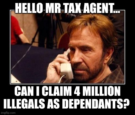 Chuck Norris Telemarketing | HELLO MR TAX AGENT... CAN I CLAIM 4 MILLION ILLEGALS AS DEPENDANTS? | image tagged in chuck norris telemarketing | made w/ Imgflip meme maker
