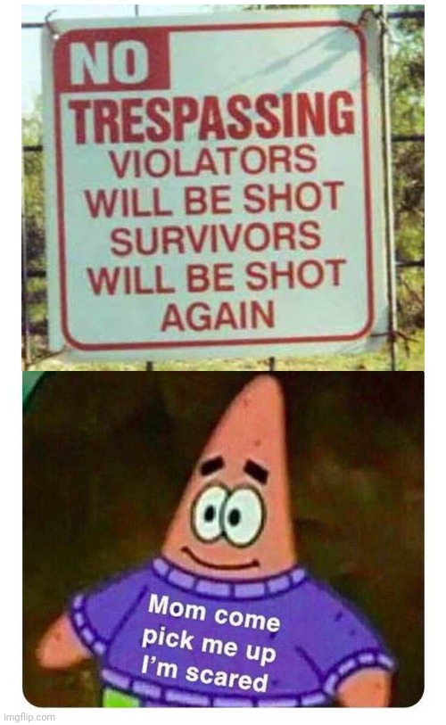 Gee that's harsh(Mod note: Stay away from MY fence!!!!) | image tagged in patrick mom come pick me up i'm scared,trespassers,shot,survivors won't survive | made w/ Imgflip meme maker