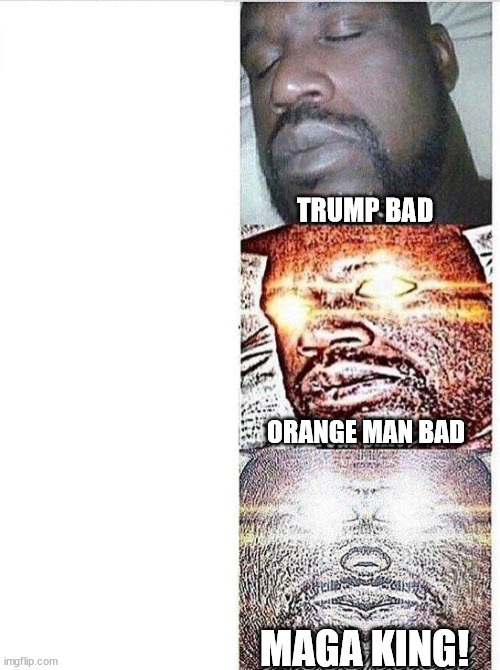 Ultra MAGA reigns! | TRUMP BAD; ORANGE MAN BAD; MAGA KING! | image tagged in i sleep meme with ascended template | made w/ Imgflip meme maker