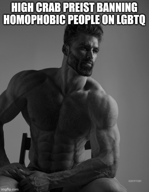 Giga Chad | HIGH CRAB PREIST BANNING HOMOPHOBIC PEOPLE ON LGBTQ | image tagged in giga chad | made w/ Imgflip meme maker