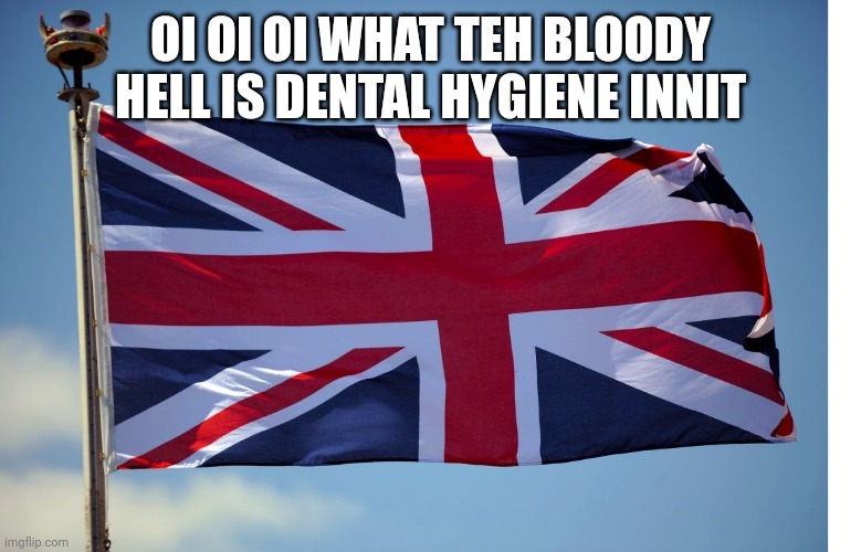 British Flag | OI OI OI WHAT TEH BLOODY HELL IS DENTAL HYGIENE INNIT | image tagged in british flag | made w/ Imgflip meme maker