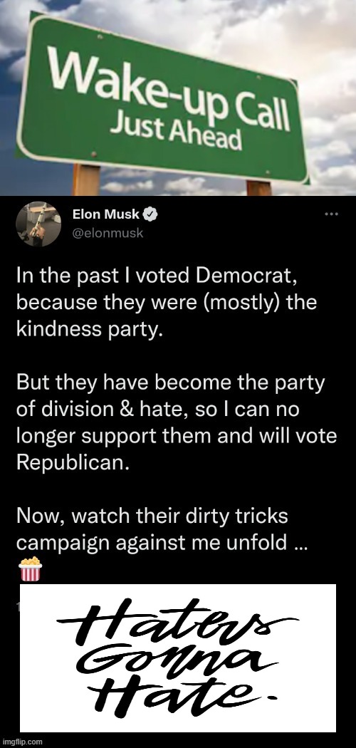 Democrats -- The Party of Division & Hate | image tagged in politics,elon musk,democrats,division,hate,haters gonna hate | made w/ Imgflip meme maker