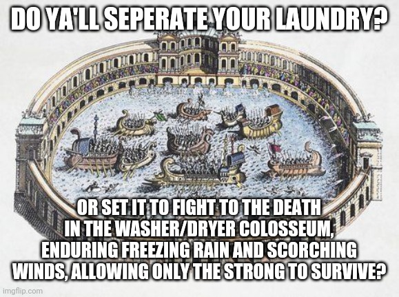 Laundry Day | DO YA'LL SEPERATE YOUR LAUNDRY? OR SET IT TO FIGHT TO THE DEATH IN THE WASHER/DRYER COLOSSEUM, ENDURING FREEZING RAIN AND SCORCHING WINDS, ALLOWING ONLY THE STRONG TO SURVIVE? | image tagged in laundry,washing machine,death battle,lol,funny,this is the way | made w/ Imgflip meme maker