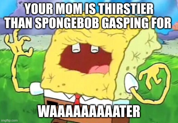 spongebob needs water | YOUR MOM IS THIRSTIER THAN SPONGEBOB GASPING FOR; WAAAAAAAAATER | image tagged in spongebob needs water | made w/ Imgflip meme maker