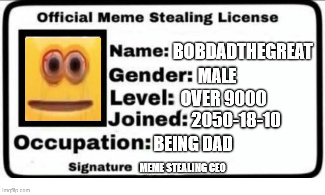 Meme Steal License (not funny but did for fun lol) |  MALE; BOBDADTHEGREAT; OVER 9000; 2050-18-10; BEING DAD; MEME STEALING CEO | image tagged in official meme stealing license | made w/ Imgflip meme maker