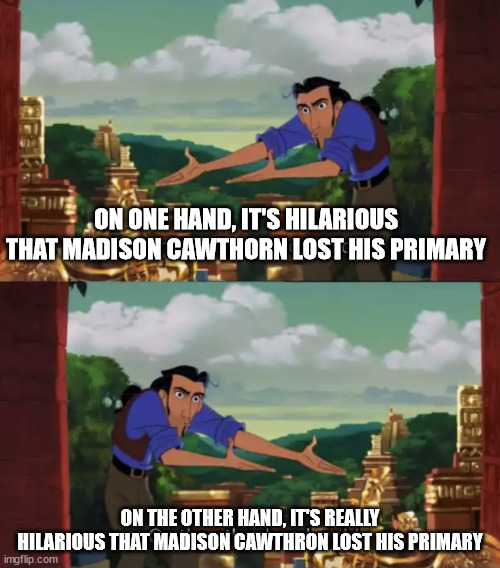 On the other hand, gold | ON ONE HAND, IT'S HILARIOUS THAT MADISON CAWTHORN LOST HIS PRIMARY; ON THE OTHER HAND, IT'S REALLY HILARIOUS THAT MADISON CAWTHRON LOST HIS PRIMARY | image tagged in on the other hand gold | made w/ Imgflip meme maker