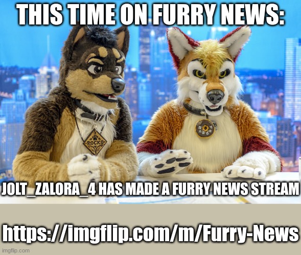 FURRY NEWS STREAM!!! | THIS TIME ON FURRY NEWS:; JOLT_ZALORA_4 HAS MADE A FURRY NEWS STREAM; https://imgflip.com/m/Furry-News | image tagged in furry news | made w/ Imgflip meme maker