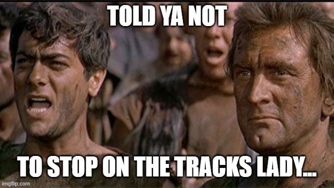 i am spartacus | TOLD YA NOT TO STOP ON THE TRACKS LADY... | image tagged in i am spartacus | made w/ Imgflip meme maker