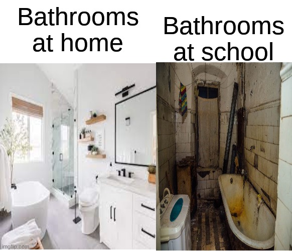 Why is this so relatable?? |  Bathrooms at school; Bathrooms at home | image tagged in bathroom,home,school,memes,relatable,2022 | made w/ Imgflip meme maker