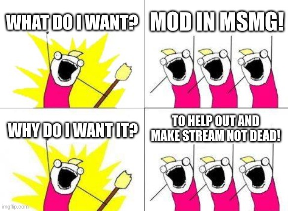 What Do We Want | WHAT DO I WANT? MOD IN MSMG! TO HELP OUT AND MAKE STREAM NOT DEAD! WHY DO I WANT IT? | image tagged in memes,what do we want | made w/ Imgflip meme maker