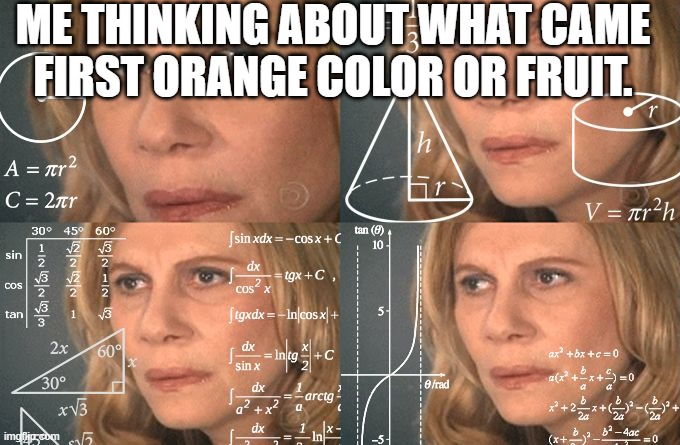 Calculating meme | ME THINKING ABOUT WHAT CAME FIRST ORANGE COLOR OR FRUIT. | image tagged in calculating meme | made w/ Imgflip meme maker