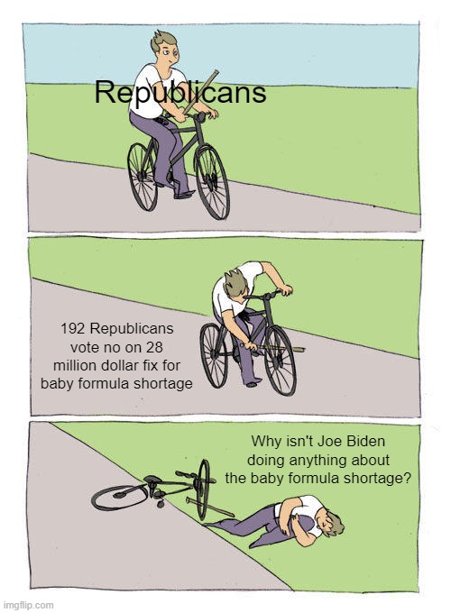 Bike Fall Meme | Republicans; 192 Republicans vote no on 28 million dollar fix for baby formula shortage; Why isn't Joe Biden doing anything about the baby formula shortage? | image tagged in memes,bike fall | made w/ Imgflip meme maker