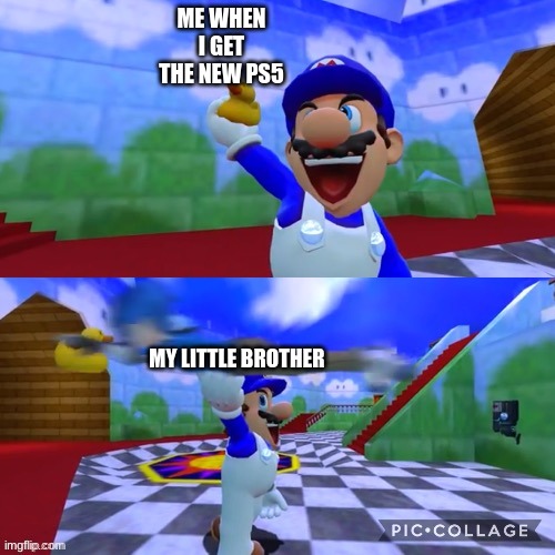 SMG4 holding up a duck | ME WHEN I GET THE NEW PS5; MY LITTLE BROTHER | image tagged in smg4 holding up a duck | made w/ Imgflip meme maker