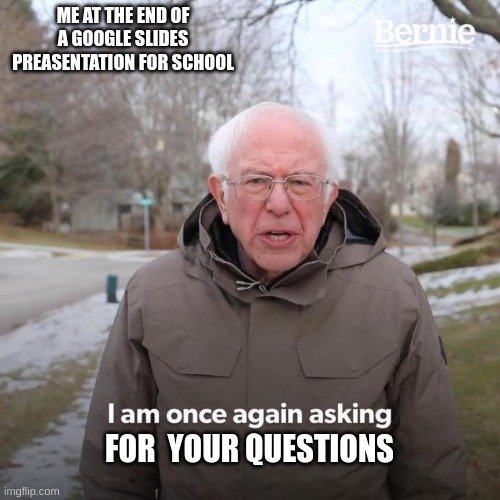 Bernie I Am Once Again Asking For Your Support Meme | ME AT THE END OF A GOOGLE SLIDES PREASENTATION FOR SCHOOL; FOR  YOUR QUESTIONS | image tagged in memes,bernie i am once again asking for your support | made w/ Imgflip meme maker