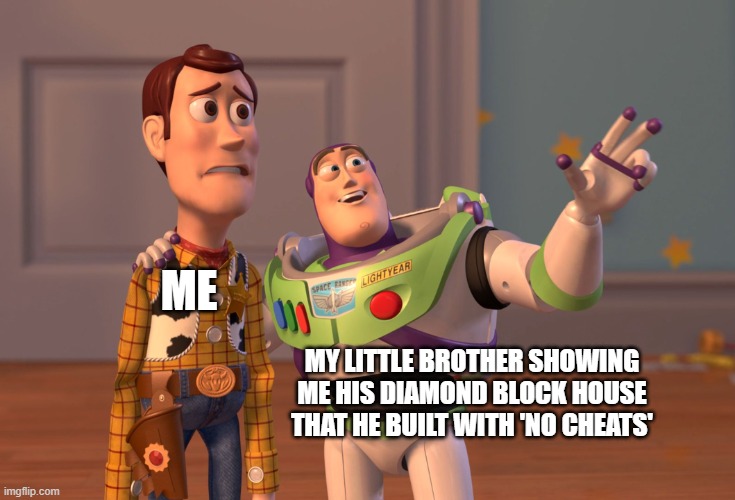 minecraft | ME; MY LITTLE BROTHER SHOWING ME HIS DIAMOND BLOCK HOUSE THAT HE BUILT WITH 'NO CHEATS' | image tagged in memes,x x everywhere | made w/ Imgflip meme maker