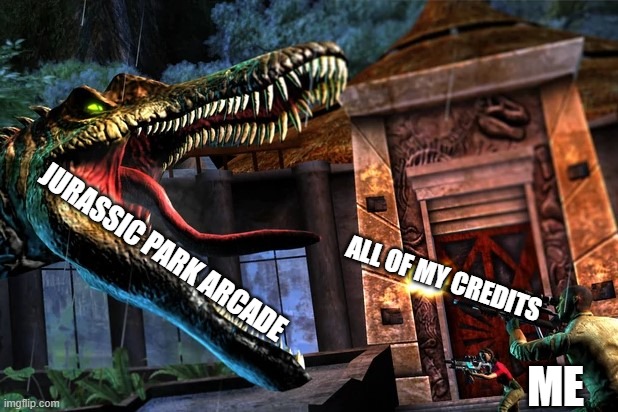 Guy Shooting at Spinosaurus | JURASSIC PARK ARCADE; ALL OF MY CREDITS; ME | image tagged in guy shooting at spinosaurus | made w/ Imgflip meme maker