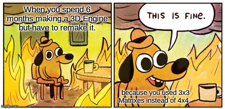 Pain | When you spend 6 months making a 3D Engine but have to remake it. because you used 3x3 Matrixes instead of 4x4. | image tagged in memes,this is fine | made w/ Imgflip meme maker