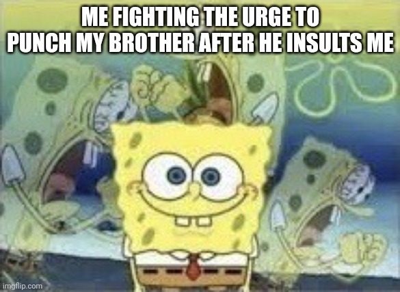 I cant... | ME FIGHTING THE URGE TO PUNCH MY BROTHER AFTER HE INSULTS ME | image tagged in spongebob internal screaming | made w/ Imgflip meme maker