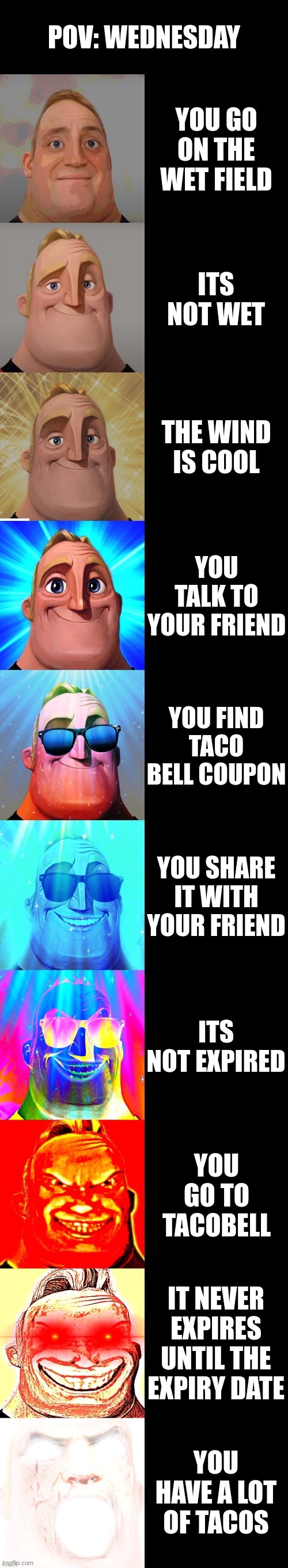 Based on True Story | POV: WEDNESDAY; YOU GO ON THE WET FIELD; ITS NOT WET; THE WIND IS COOL; YOU TALK TO YOUR FRIEND; YOU FIND TACO BELL COUPON; YOU SHARE IT WITH YOUR FRIEND; ITS NOT EXPIRED; YOU GO TO TACOBELL; IT NEVER EXPIRES UNTIL THE EXPIRY DATE; YOU HAVE A LOT OF TACOS | image tagged in mr incredible becoming canny | made w/ Imgflip meme maker