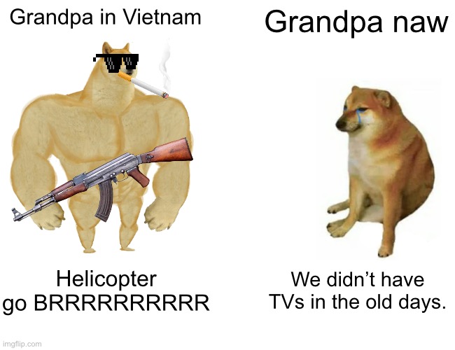 Buff Doge vs. Cheems | Grandpa in Vietnam; Grandpa naw; Helicopter go BRRRRRRRRRR; We didn’t have TVs in the old days. | image tagged in memes,buff doge vs cheems | made w/ Imgflip meme maker