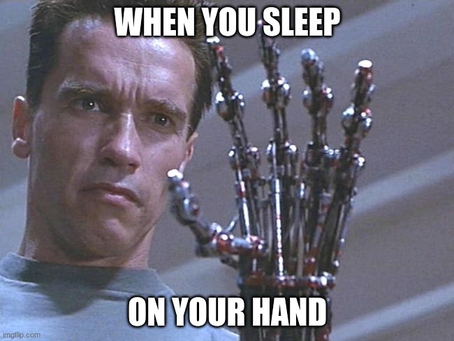 MEME | WHEN YOU SLEEP; ON YOUR HAND | image tagged in terminator hand | made w/ Imgflip meme maker