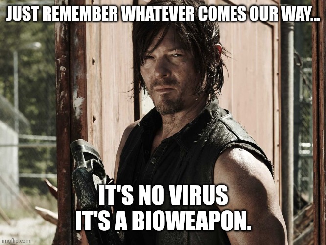 Just remember. | JUST REMEMBER WHATEVER COMES OUR WAY... IT'S NO VIRUS
IT'S A BIOWEAPON. | image tagged in walking dead - daryl | made w/ Imgflip meme maker