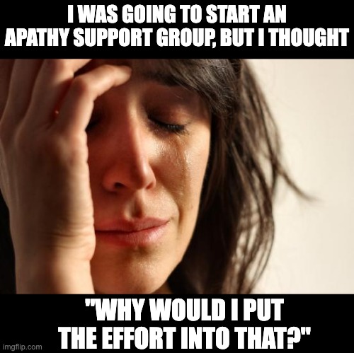 Apathy | I WAS GOING TO START AN APATHY SUPPORT GROUP, BUT I THOUGHT; "WHY WOULD I PUT THE EFFORT INTO THAT?" | image tagged in memes,first world problems | made w/ Imgflip meme maker