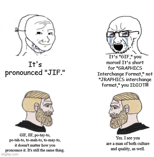 Yeesh, always complaining over the smallest of little things. Get a life, Wojak and Soyjak! | It's "GIF," you moron! It's short for "GRAPHICS Interchange Format," not "JRAPHICS interchange format," you IDIOT!!! It's pronounced "JIF."; GIF, JIF, po-tay-to, po-tah-to, to-mah-to, to-may-to, it doesn't matter how you pronounce it. It's still the same thing. Yes. I see you are a man of both culture and quality, as well. | image tagged in gifs,so true memes,pronunciation,crying wojak / i know chad meme | made w/ Imgflip meme maker