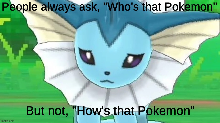 how's that pokemon? |  People always ask, "Who's that Pokemon"; But not, "How's that Pokemon" | image tagged in vaporeon sad | made w/ Imgflip meme maker
