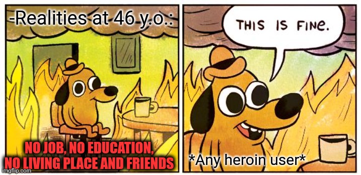 -Very envy on destinations. | -Realities at 46 y.o.:; NO JOB, NO EDUCATION, NO LIVING PLACE AND FRIENDS; *Any heroin user* | image tagged in memes,this is fine,heroin,don't do drugs,police chasing guy,arrested development | made w/ Imgflip meme maker