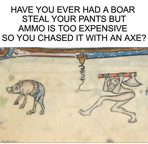 "Make a relatable meme." Me: | HAVE YOU EVER HAD A BOAR 
STEAL YOUR PANTS BUT
AMMO IS TOO EXPENSIVE 
SO YOU CHASED IT WITH AN AXE? | image tagged in blank white template,oh no i have done it again | made w/ Imgflip meme maker