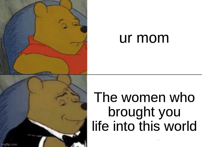 Your mother | ur mom; The women who brought you life into this world | image tagged in memes,tuxedo winnie the pooh | made w/ Imgflip meme maker