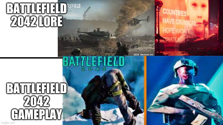 lore vs gameplay 2042 | BATTLEFIELD 2042 LORE; BATTLEFIELD 2042 GAMEPLAY | image tagged in funny memes | made w/ Imgflip meme maker